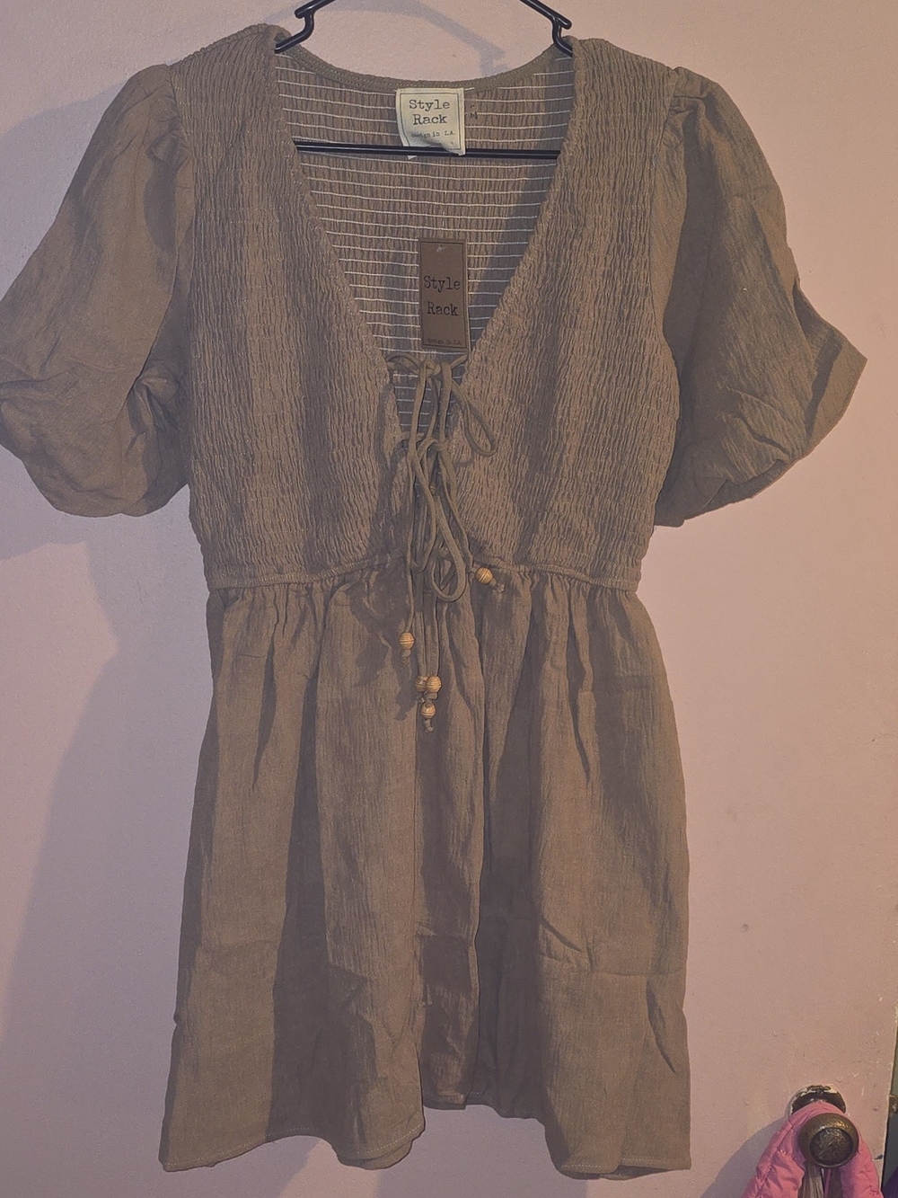 NWT- Style Rack Brown Smocked Tie-Front Mini Dress Puff Sleeve Boho Size Large